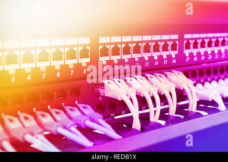 Cables and connectors in the switch on the rack of network equipment Stock Photo