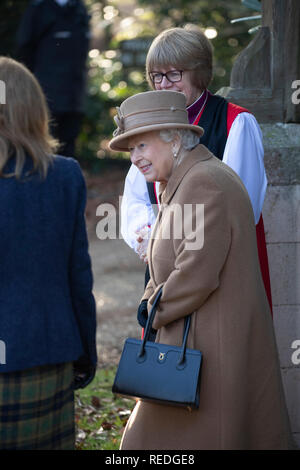 20th January 2019 Norfolk UK Britain's Queen Elizabeth attends a Sunday church service at St Peter's Church in Wolferton near to the Queen's Sandringham Estate