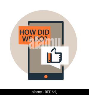 Vector icon of request for feedback, review dialog on smartphone. Flat line design style Stock Vector