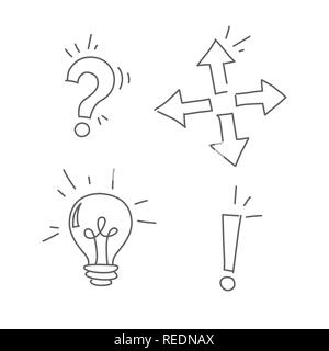 Shining bulb lamp, point arrows, question and exclamation marks, vector doodle icons isolated on white Stock Vector