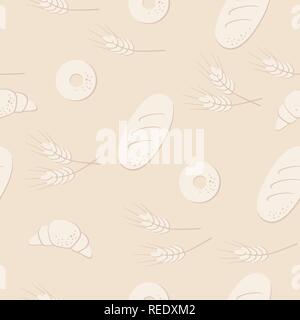 Bread and wheat spikes seamless pattern. Loaf, bagel, croissant vector illustartion. Bakery products. Stock Vector