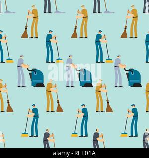 Cleaning pattern seamless. Janitor and Cleaner background. broom and Industrial Vacuum Cleaner. sweeping brush and Bucket. Service worker people. swab Stock Vector
