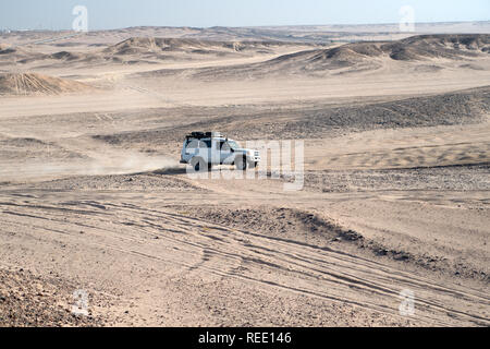 Race in sand desert. Car suv overcomes sand dunes obstacles. Competition racing challenge desert. Car drives offroad with clouds of dust. Offroad vehicle racing with obstacles in wilderness. Stock Photo