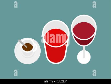 Cup of coffee, glass of juice and glass of wine top view. Drinks Vector Set Stock Vector