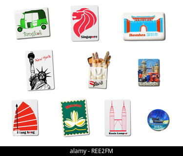 Set of souvenir refrigerator magnets (The World's 10 Most-Visited Cities 2018) isolated on white background Stock Photo