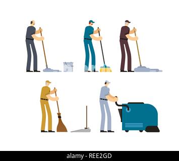 Janitor and Cleaner set. broom and Industrial Vacuum Cleaner. sweeping brush and Bucket. Service worker people. swabber Stock Vector