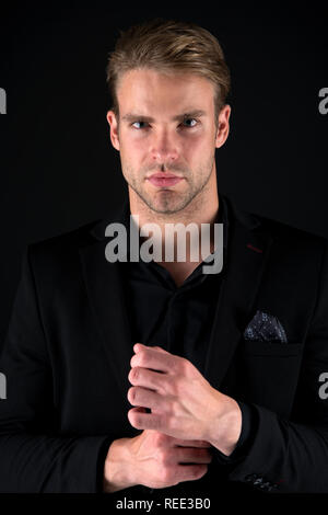 agile business of handsome businessman. businessman start agile business. agile business concept. businessman in formal elegant jacket. agile business for businessman in black Stock Photo