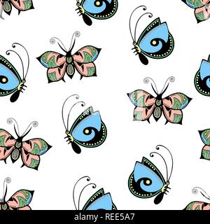 Abstract butterflies seamless pattern, hand drawing, textile print, vector illustration. Patterned colorful pastel insect with wings on white backgrou Stock Vector