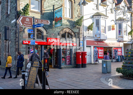 Keswick town centre in the Lake District with signs to the Pencil Museum,Keswick,Cumbria,England Stock Photo