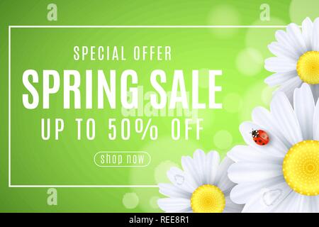 Spring sale banner. Ladybug creeps on the flowers of daisies. Seasonal design for your business. Water drops. Lights bokeh. Frame with text. Vector il Stock Vector