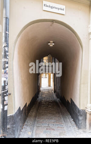Stockholm, Sweden - November 22, 2018. Narrow passage Klockjutargrand in Gamla Stan historic district of Stockholm. Stock Photo