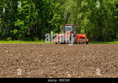 Verhovina, Russia - June 30, 2017: Farmer with tractor seeding - sowing crops at agricultural fields Stock Photo