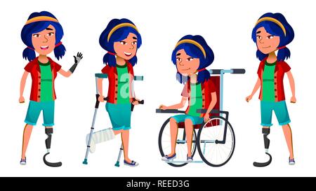 Asian Girl Kid Poses Set Vector. High School Child. Disabled. Wheelchair. Amputation Prosthesis. For Banner, Flyer, Web Design. Isolated Cartoon Illustration Stock Vector