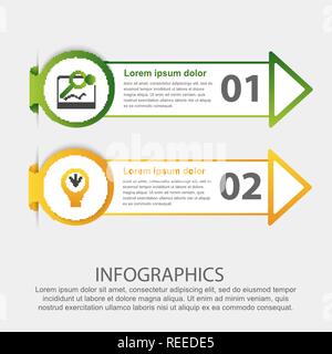 Modern 3D vector illustration. Circular step lable infographic template with two elements and arrows. Contains icons and text. Designed for business,  Stock Vector