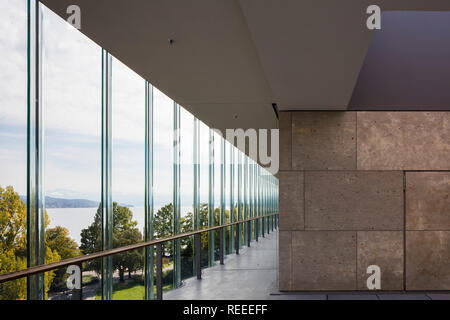 Window wall to lake Zurich. Swiss Re Office headquarters, Zurich, Switzerland. Architect: Diener & Diener, 2017. Stock Photo