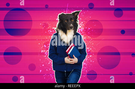 Contemporary art collage full length portrait serious dog headed student holding two books to chest. Modern style pop art zine culture concept. Funny  Stock Photo