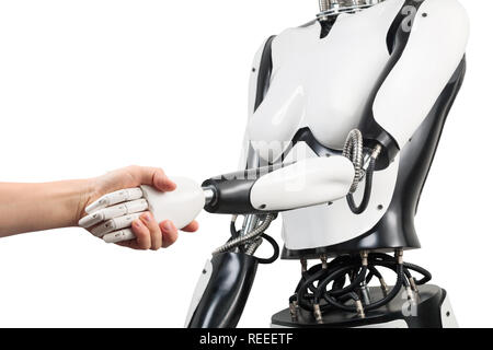 Female robot and man holding hands with handshake isolated on wh Stock Photo
