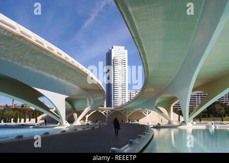 A pedestrian shows different scales at City of Arts and Sciences in Valencia. Stock Photo