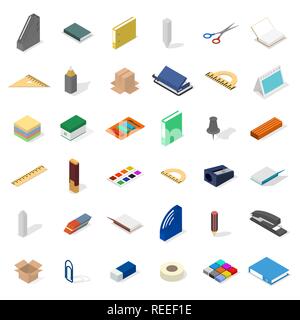 Set of icons isolated on white background, office and school. Flat 3d isometric style, vector illustration. Stock Vector