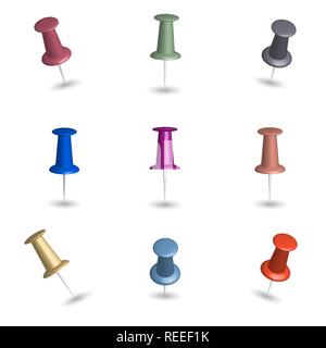 Set of colored 3d pushpins, isolated on white background, vector illustration. Stock Vector