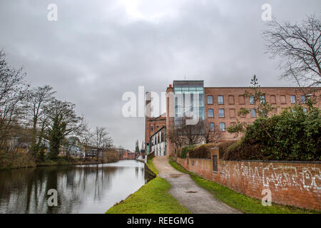 Landscape shot of refurbished, Grade II listed, Piano Building in Kidderminster (now The Academy) by Staffs & Worcs canal on a bleak, January morning. Stock Photo