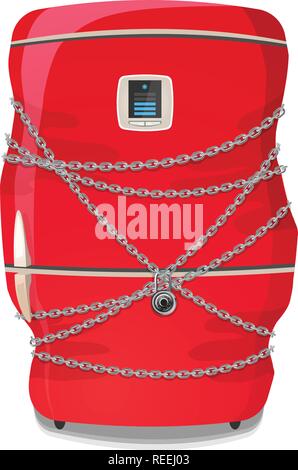 Red refrigerator wrapped in chains with lock - isolated on white. Vector illustration. Stock Vector