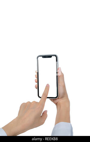 Woman's hand holding and using smartphone. Closeup hand touching smartphone with blank screen isolated on white background and copy space for text. Mo Stock Photo