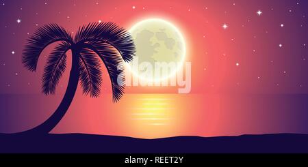romantic night full moon by the sea with palm tree landscape vector illustration EPS10 Stock Vector