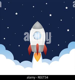 rocket launch into space with smoke and stars vector illustration EPS10 Stock Vector