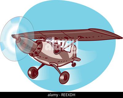 a cartoon single propeller plane on the sky, cartoon style vector illustration. Stock Vector