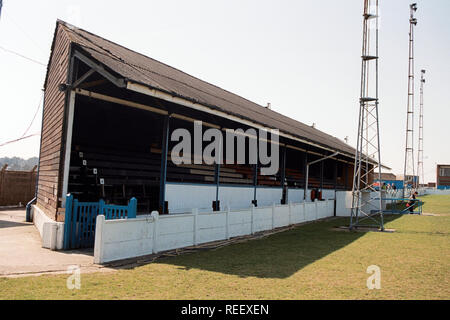 The main stand at Margate FC Football Ground, Hartsdown Park, Margate, Kent, pictured on 21st April 1996 Stock Photo