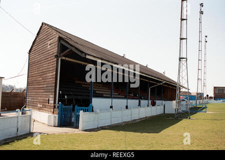 The main stand at Margate FC Football Ground, Hartsdown Park, Margate, Kent, pictured on 21st April 1996 Stock Photo