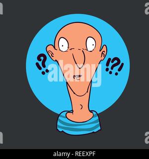 confused man cartoon sketch style vector illustration. a funny, confused man looking to us, with question marks around his head. Stock Vector