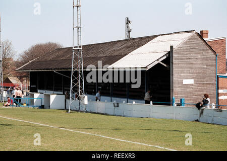 The main stand at Margate FC Football Ground, Hartsdown Park, Margate, Kent, pictured on 21st April 1996 Stock Photo