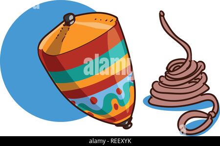 whirligig in turkish mean 'topaç', a wooden handmade traditional toy for kids, cartoon style vector illustration. Stock Vector