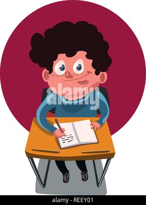 school boy sitting on the desk. he is writing a notebook, looking to us and smiling. cartoon style vector illustration. Stock Vector