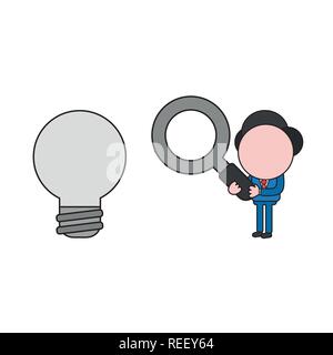 Vector illustration businessman character holding magnifying glass and looking light bulb. Color and black outlines. Stock Vector