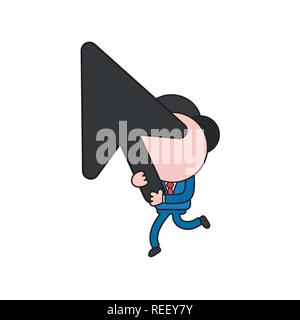 Vector illustration businessman character running and holding mouse cursor arrow. Color and black outlines. Stock Vector