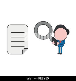 Vector illustration businessman character holding magnifying glass and looking written paper. Color and black outlines. Stock Vector
