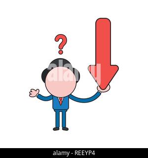 Vector illustration confused businessman character holding arrow moving down. Color and black outlines. Stock Vector