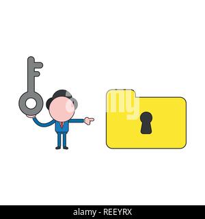 Vector illustration businessman character holding key and pointing file folder keyhole. Color and black outlines. Stock Vector