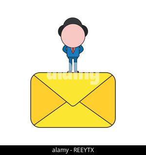 Vector illustration businessman character standing on closed mail envelope. Color and black outlines. Stock Vector