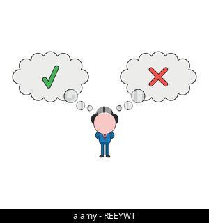 Vector illustration businessman character with thought bubbles with check and x marks. Color and black outlines. Stock Vector