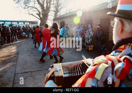 Grimsby folk dancing group The Herring Gals celebrate Wassail at the Skidbrooke Cyder Company, Lincolnshire, England. Stock Photo