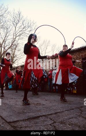 Grimsby folk dancing group The Herring Gals celebrate Wassail at the Skidbrooke Cyder Company, Lincolnshire, England. Stock Photo