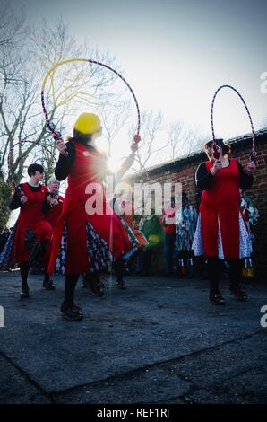 Grimsby folk dancing group The Herring Gals celebrate Wassail at the Skidbrooke Cyder Company, Lincolnshire, England. Stock Photo