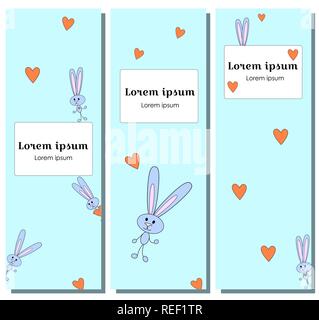Set illustration vertical banner happy character with Hare is hiding. grey Bunny hug heart, hare on blue background for printed materials, postcard greeting, festive menu, card flyer, banner Stock Vector