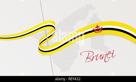 Vector illustration of abstract radial dotted halftone map of Brunei and wavy ribbon with Bruneian national flag colors for your design Stock Vector