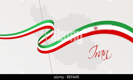 Vector illustration of abstract radial dotted halftone map of Iran and wavy ribbon with Iranian national flag colors for your graphic and web design Stock Vector