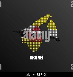 Vector illustration of abstract halftone map of Brunei made of square pixels with Bruneian national flag colors for your graphic and web design Stock Vector